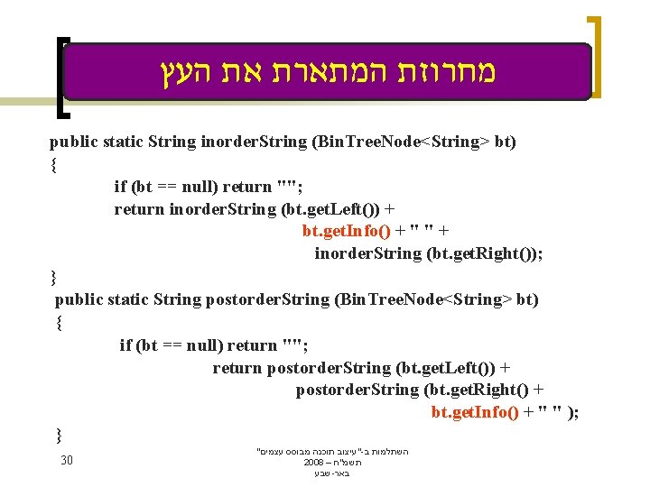  מחרוזת המתארת את העץ public static String inorder. String (Bin. Tree. Node<String> bt)