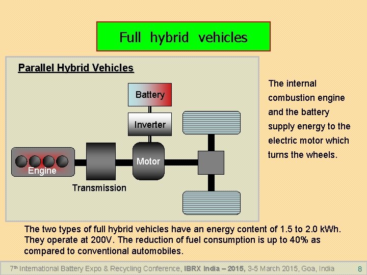 Full hybrid vehicles Parallel Hybrid Vehicles The internal Battery combustion engine and the battery