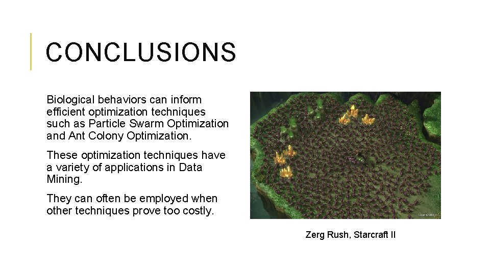 CONCLUSIONS Biological behaviors can inform efficient optimization techniques such as Particle Swarm Optimization and