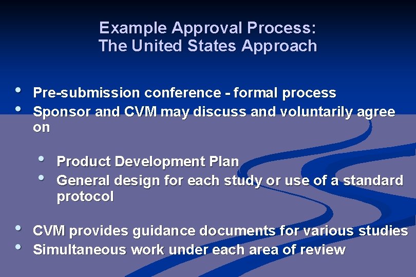 Example Approval Process: The United States Approach • • Pre-submission conference - formal process