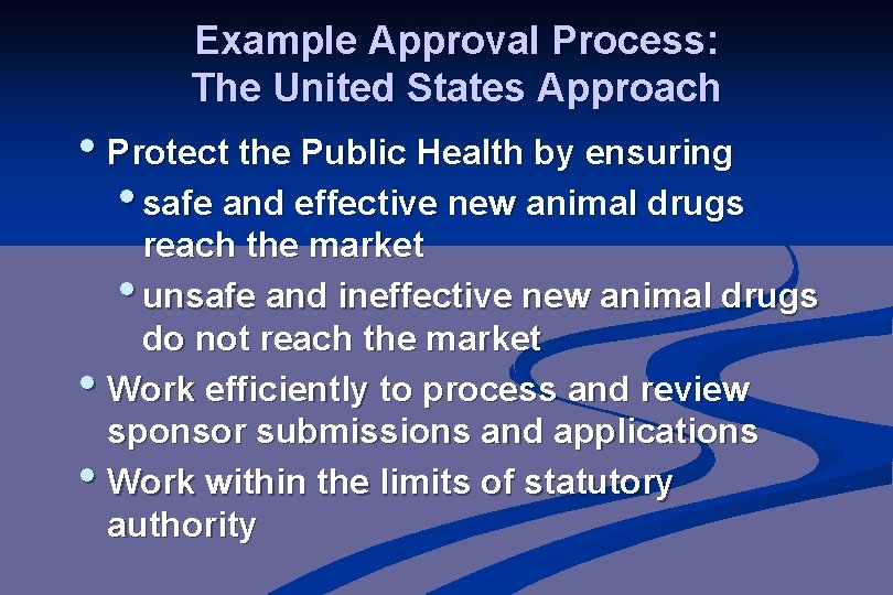 Example Approval Process: The United States Approach • Protect the Public Health by ensuring