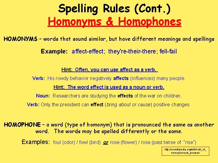 Spelling Rules (Cont. ) Homonyms & Homophones HOMONYMS – words that sound similar, but