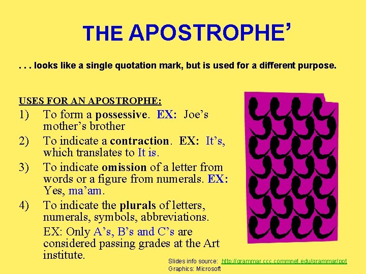 THE APOSTROPHE’. . . looks like a single quotation mark, but is used for