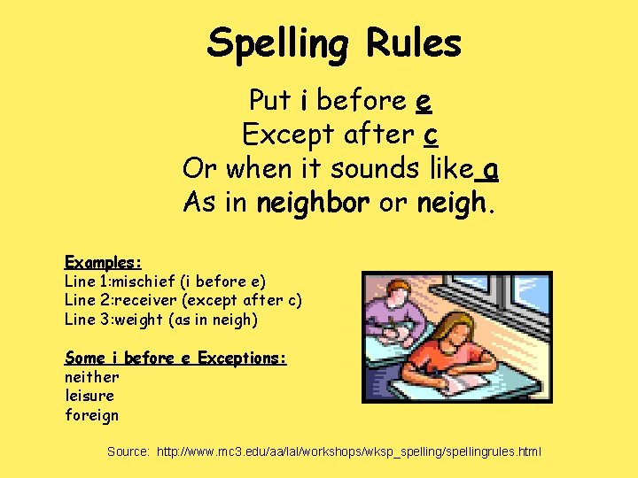 Spelling Rules Put i before e Except after c Or when it sounds like