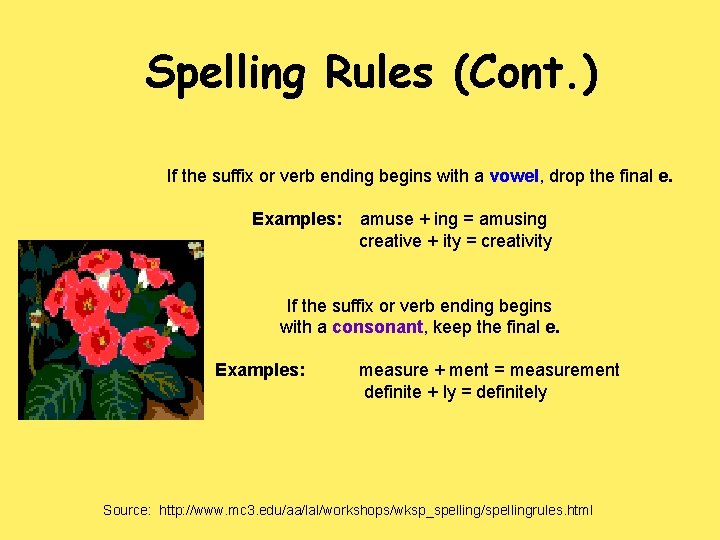 Spelling Rules (Cont. ) If the suffix or verb ending begins with a vowel,