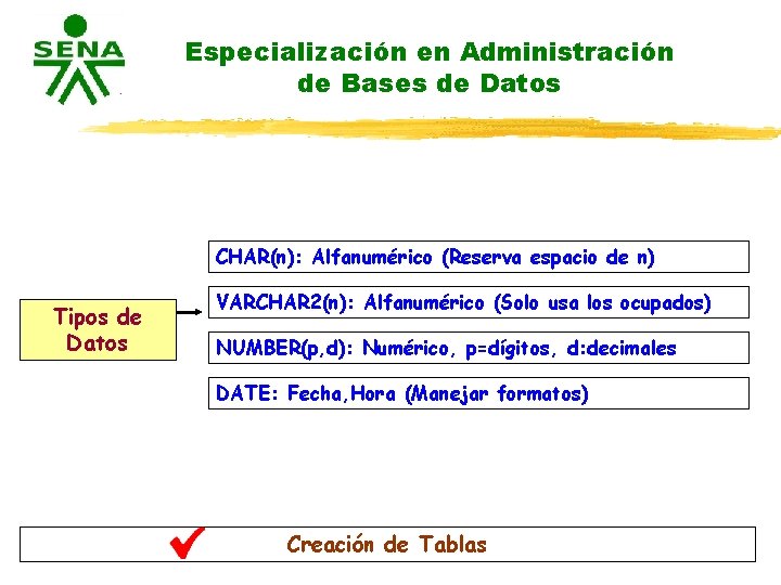 Especialización en Administración de Bases de Datos CHAR(n): Alfanumérico (Reserva espacio de n) Tipos