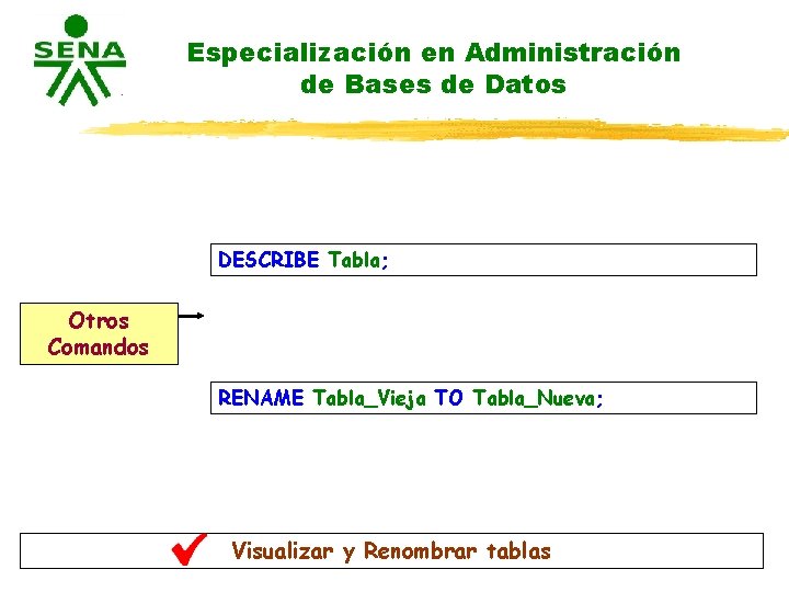 Especialización en Administración de Bases de Datos DESCRIBE Tabla; Otros Comandos RENAME Tabla_Vieja TO