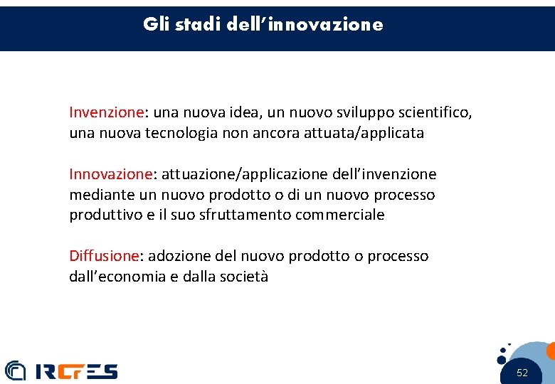 Gli stadi dell’innovazione Invenzione: una nuova idea, un nuovo sviluppo scientifico, una nuova tecnologia