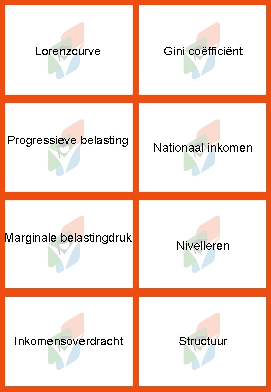 Lorenzcurve Progressieve belasting Marginale belastingdruk Inkomensoverdracht Gini coëfficiënt Nationaal inkomen Nivelleren Structuur 