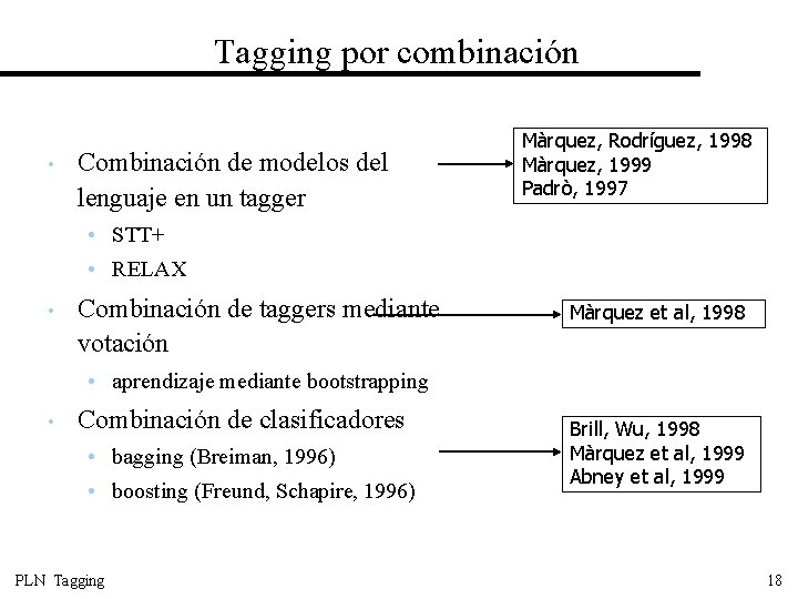 Tagging por combinación • Combinación de modelos del lenguaje en un tagger Màrquez, Rodríguez,