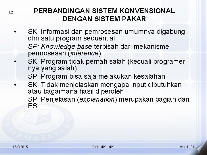 PERBANDINGAN SISTEM KONVENSIONAL DENGAN SISTEM PAKAR I. 2 • • • 17/9/2015 SK: Informasi