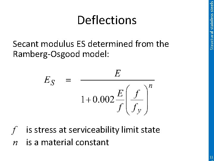 Secant modulus ES determined from the Ramberg-Osgood model: Structural stainless steels Deflections f is