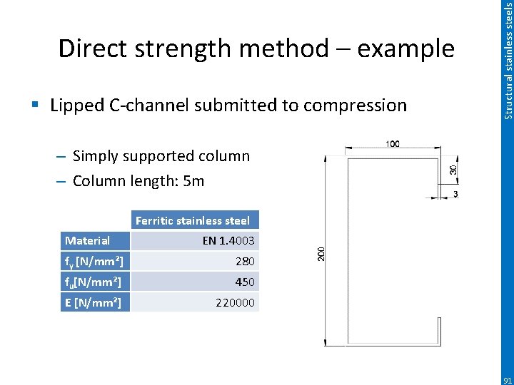 § Lipped C-channel submitted to compression Structural stainless steels Direct strength method – example