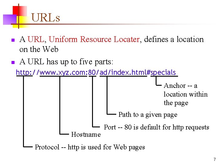 URLs n n A URL, Uniform Resource Locater, defines a location on the Web