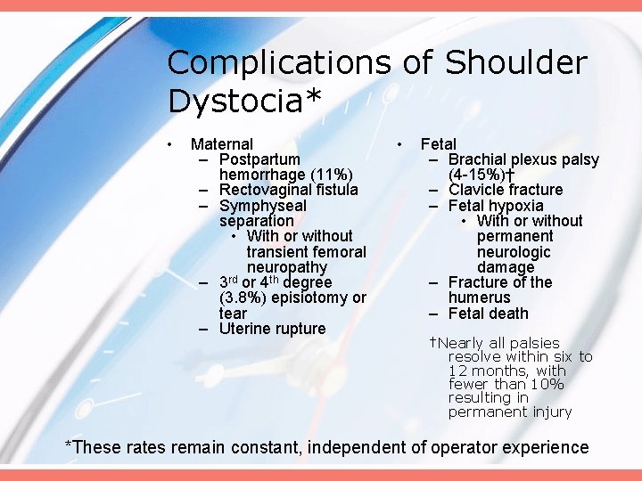 Complications of Shoulder Dystocia* • Maternal – Postpartum hemorrhage (11%) – Rectovaginal fistula –