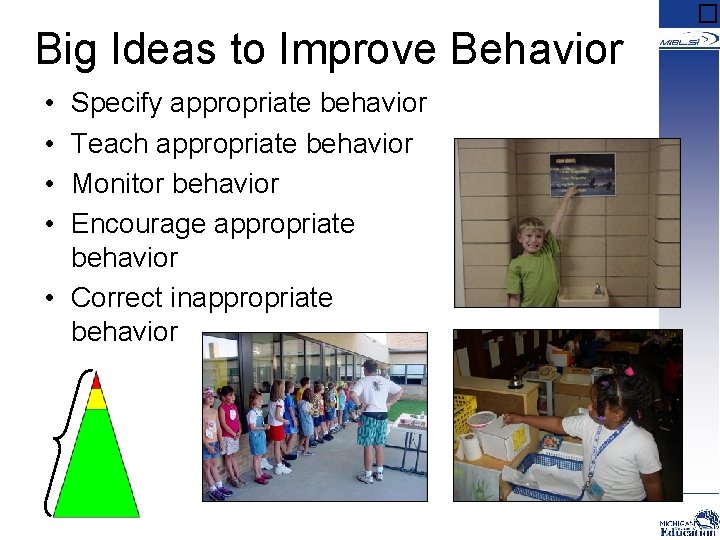 Big Ideas to Improve Behavior • • Specify appropriate behavior Teach appropriate behavior Monitor