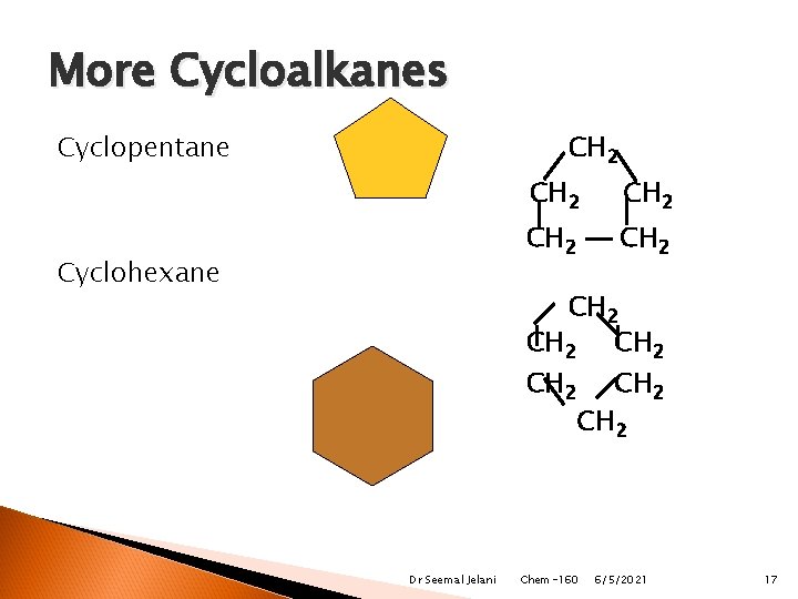 More Cycloalkanes Cyclopentane CH 2 Cyclohexane CH 2 CH 2 Dr Seemal Jelani CH