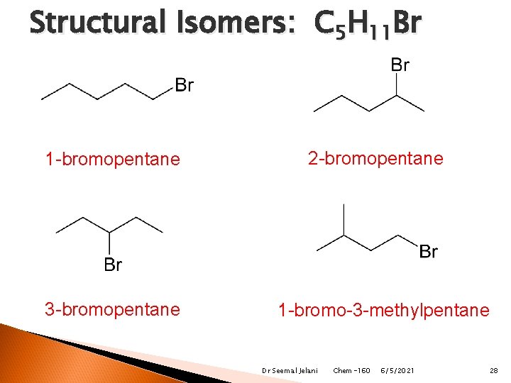 Structural Isomers: C 5 H 11 Br 1 -bromopentane 3 -bromopentane 2 -bromopentane 1