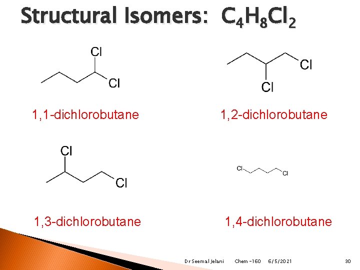 Structural Isomers: C 4 H 8 Cl 2 1, 1 -dichlorobutane 1, 2 -dichlorobutane