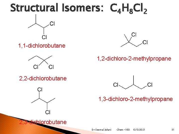 Structural Isomers: C 4 H 8 Cl 2 1, 1 -dichlorobutane 1, 2 -dichloro-2