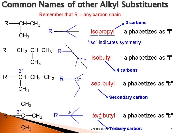 Common Names of other Alkyl Substituents Remember that R = any carbon chain 3