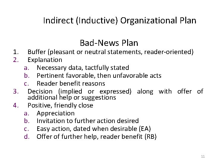 Indirect (Inductive) Organizational Plan 1. 2. Bad-News Plan Buffer (pleasant or neutral statements, reader-oriented)