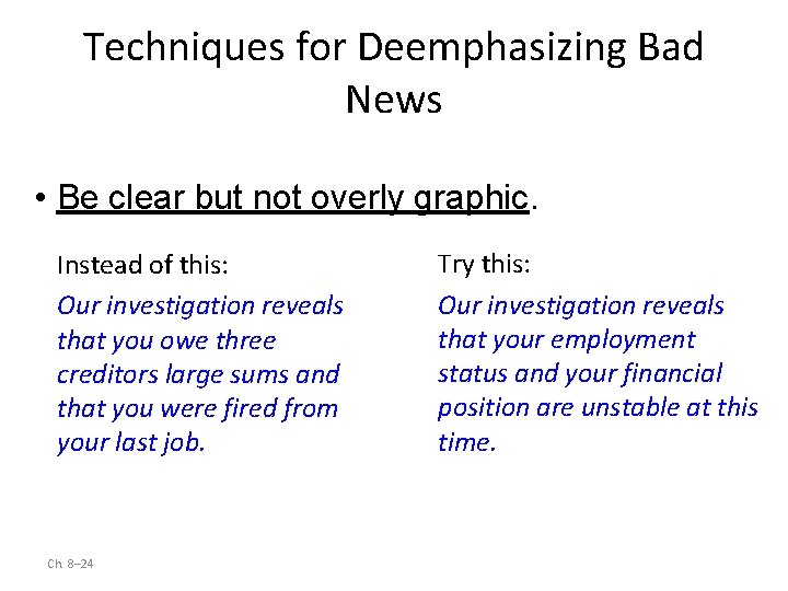 Techniques for Deemphasizing Bad News • Be clear but not overly graphic. Instead of