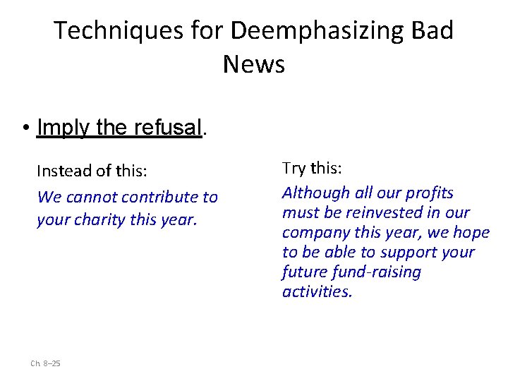 Techniques for Deemphasizing Bad News • Imply the refusal. Instead of this: We cannot