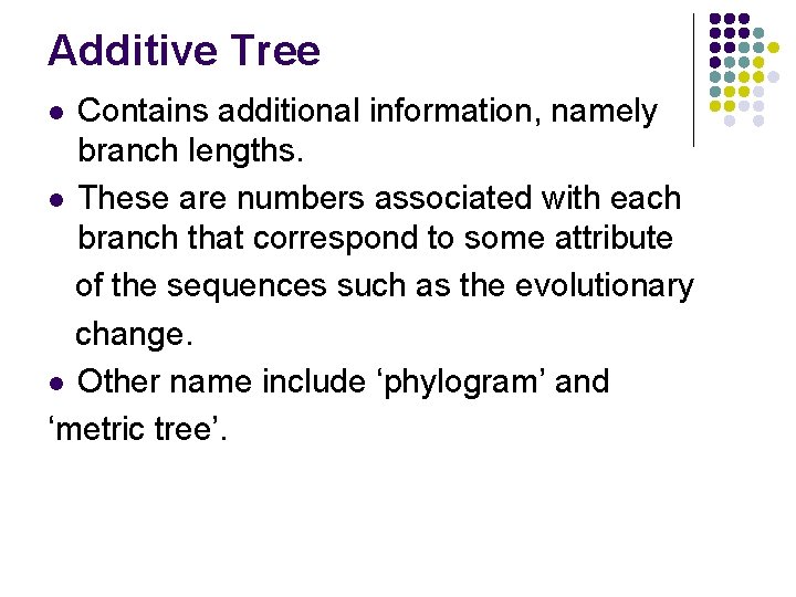 Additive Tree Contains additional information, namely branch lengths. l These are numbers associated with Additive Tree Contains additional information, namely branch lengths. l These are numbers associated with