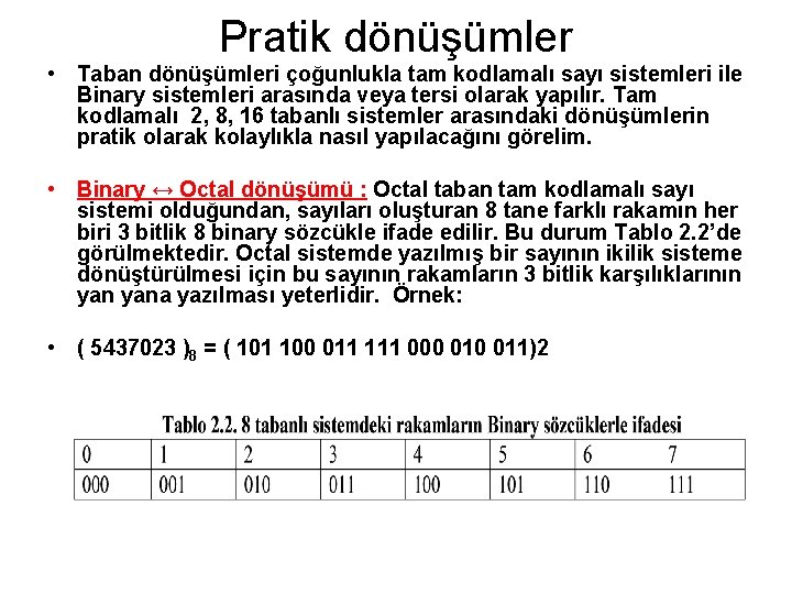 Pratik dönüşümler • Taban dönüşümleri çoğunlukla tam kodlamalı sayı sistemleri ile Binary sistemleri arasında