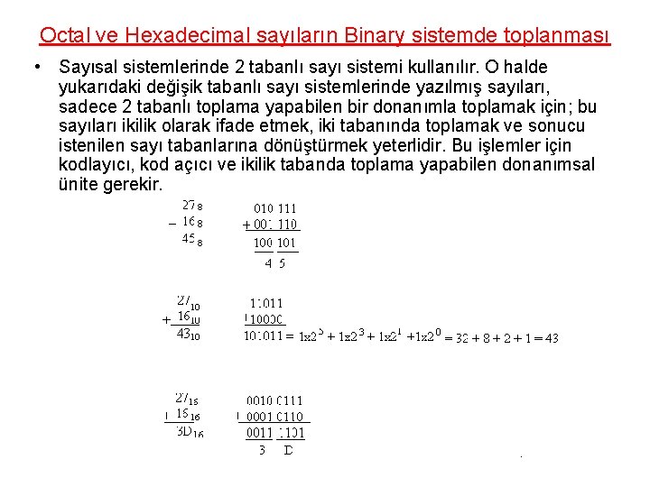 Octal ve Hexadecimal sayıların Binary sistemde toplanması • Sayısal sistemlerinde 2 tabanlı sayı sistemi