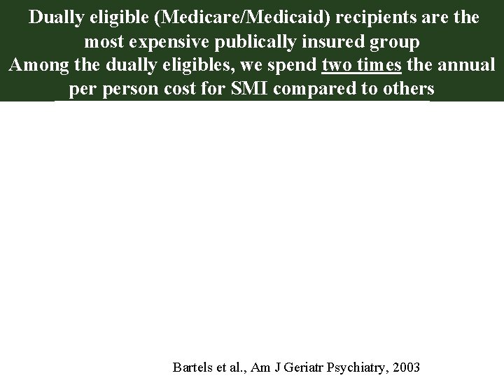 Dually eligible (Medicare/Medicaid) recipients are the most expensive publically insured group Among the dually