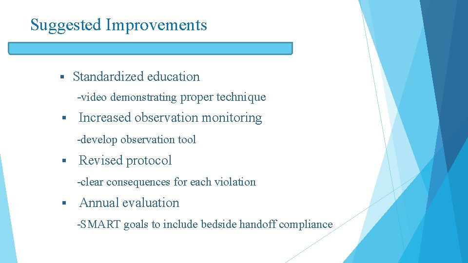 Suggested Improvements § Standardized education -video demonstrating proper technique § Increased observation monitoring -develop