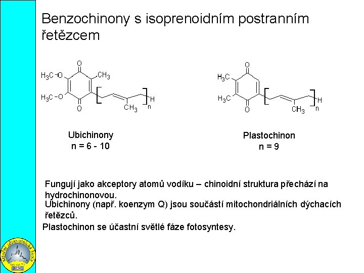 Benzochinony s isoprenoidním postranním řetězcem Ubichinony n = 6 - 10 Plastochinon n=9 Fungují