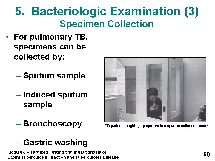 5. Bacteriologic Examination (3) Specimen Collection • For pulmonary TB, specimens can be collected