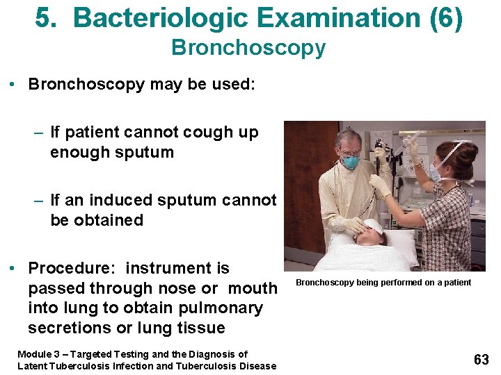 5. Bacteriologic Examination (6) Bronchoscopy • Bronchoscopy may be used: – If patient cannot