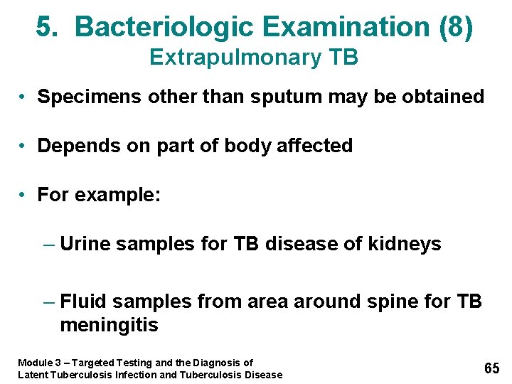 5. Bacteriologic Examination (8) Extrapulmonary TB • Specimens other than sputum may be obtained