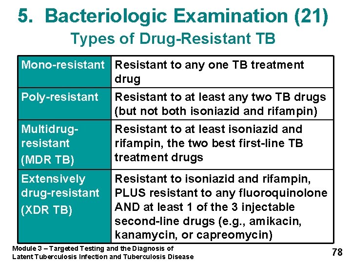 5. Bacteriologic Examination (21) Types of Drug-Resistant TB Mono-resistant Resistant to any one TB