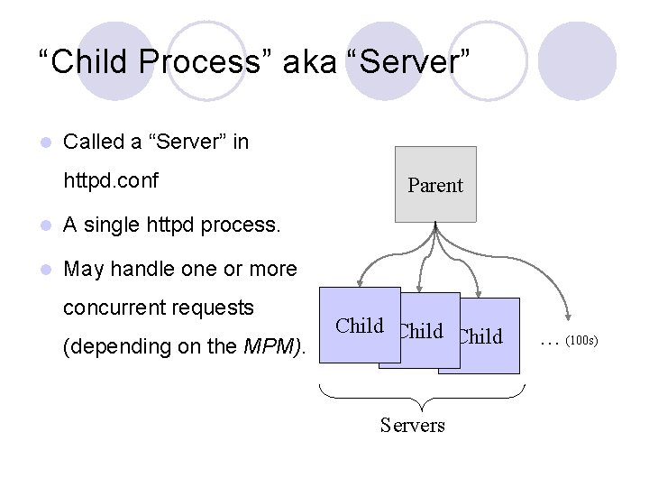 “Child Process” aka “Server” l Called a “Server” in httpd. conf l A single