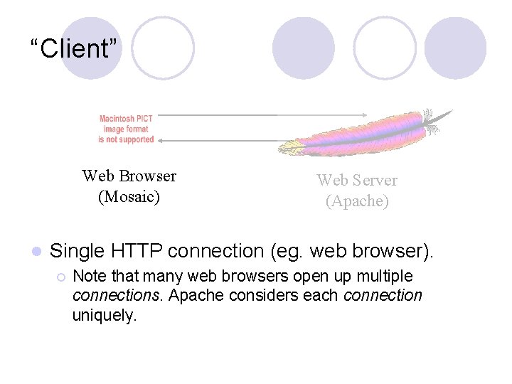 “Client” Web Browser (Mosaic) l Web Server (Apache) Single HTTP connection (eg. web browser).