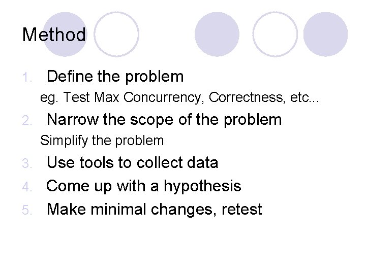Method 1. Define the problem eg. Test Max Concurrency, Correctness, etc. . . 2.
