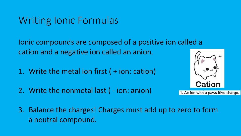 Writing Ionic Formulas Ionic compounds are composed of a positive ion called a cation