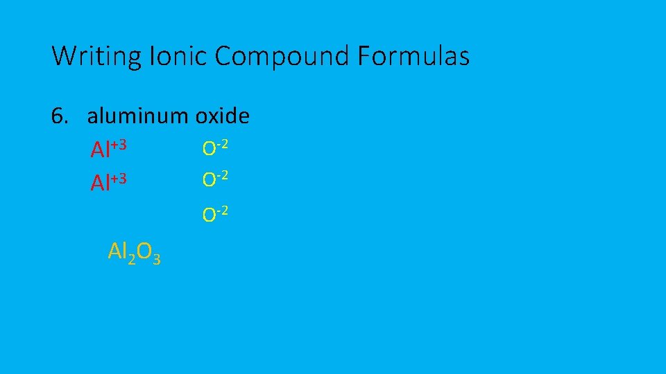 Writing Ionic Compound Formulas 6. aluminum oxide O-2 Al+3 -2 +3 O Al O-2 Writing Ionic Compound Formulas 6. aluminum oxide O-2 Al+3 -2 +3 O Al O-2