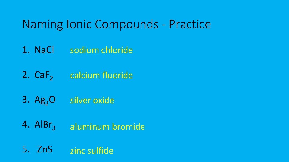 Naming Ionic Compounds - Practice 1. Na. Cl sodium chloride 2. Ca. F 2 Naming Ionic Compounds - Practice 1. Na. Cl sodium chloride 2. Ca. F 2