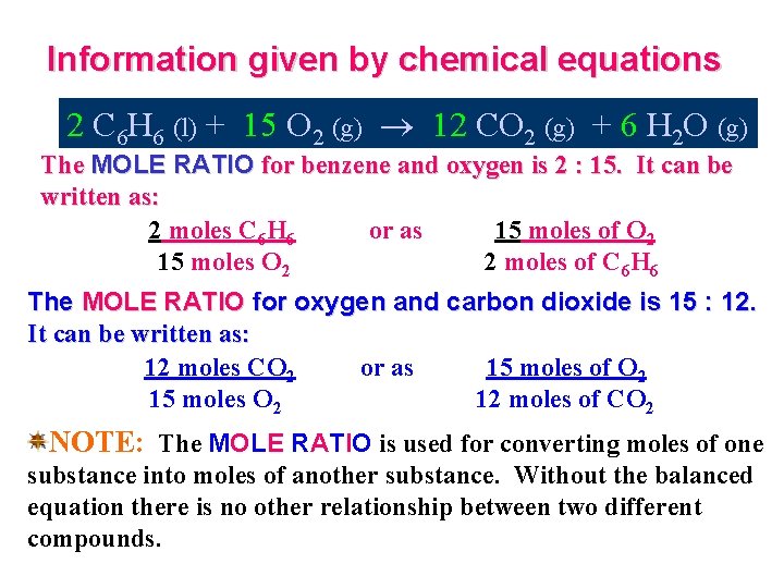 Information given by chemical equations 2 C 6 H 6 (l) + 15 O
