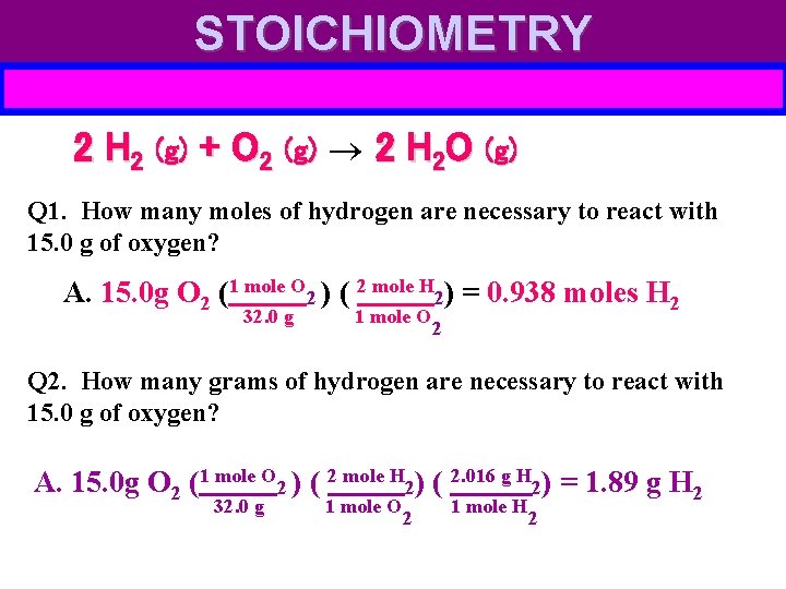 STOICHIOMETRY 2 H 2 (g) + O 2 (g) 2 H 2 O (g)