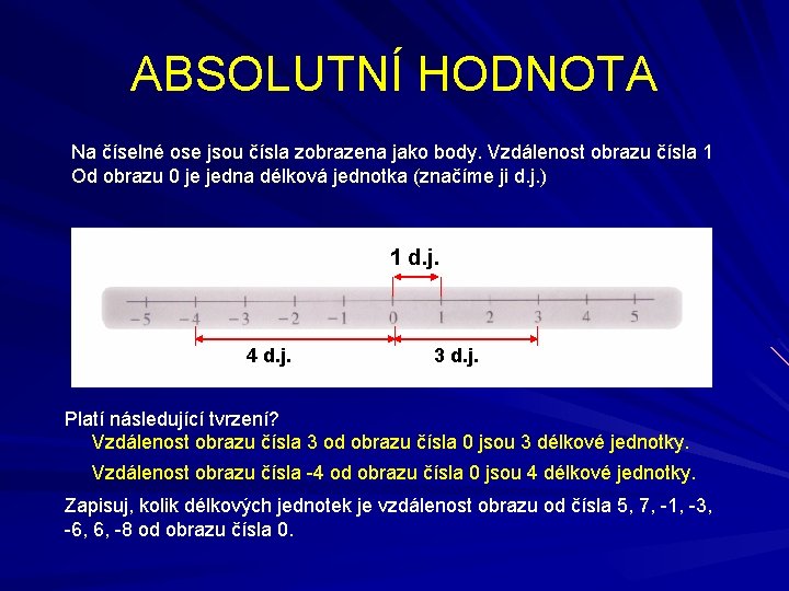 ABSOLUTNÍ HODNOTA Na číselné ose jsou čísla zobrazena jako body. Vzdálenost obrazu čísla 1