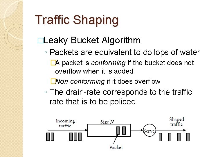 Traffic Shaping �Leaky Bucket Algorithm ◦ Packets are equivalent to dollops of water �A
