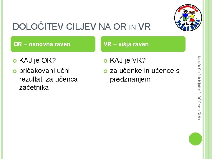 DOLOČITEV CILJEV NA OR IN VR VR – višja raven KAJ je OR? pričakovani