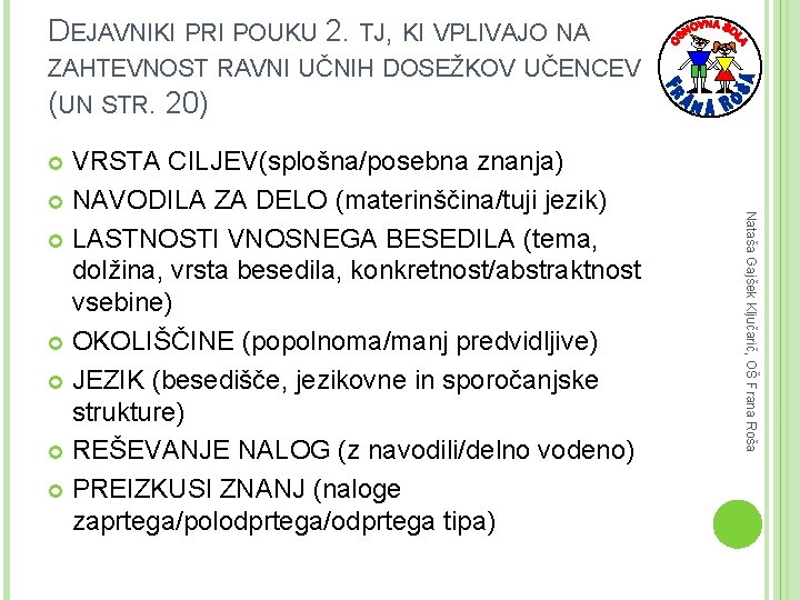 DEJAVNIKI PRI POUKU 2. TJ, KI VPLIVAJO NA ZAHTEVNOST RAVNI UČNIH DOSEŽKOV UČENCEV (UN